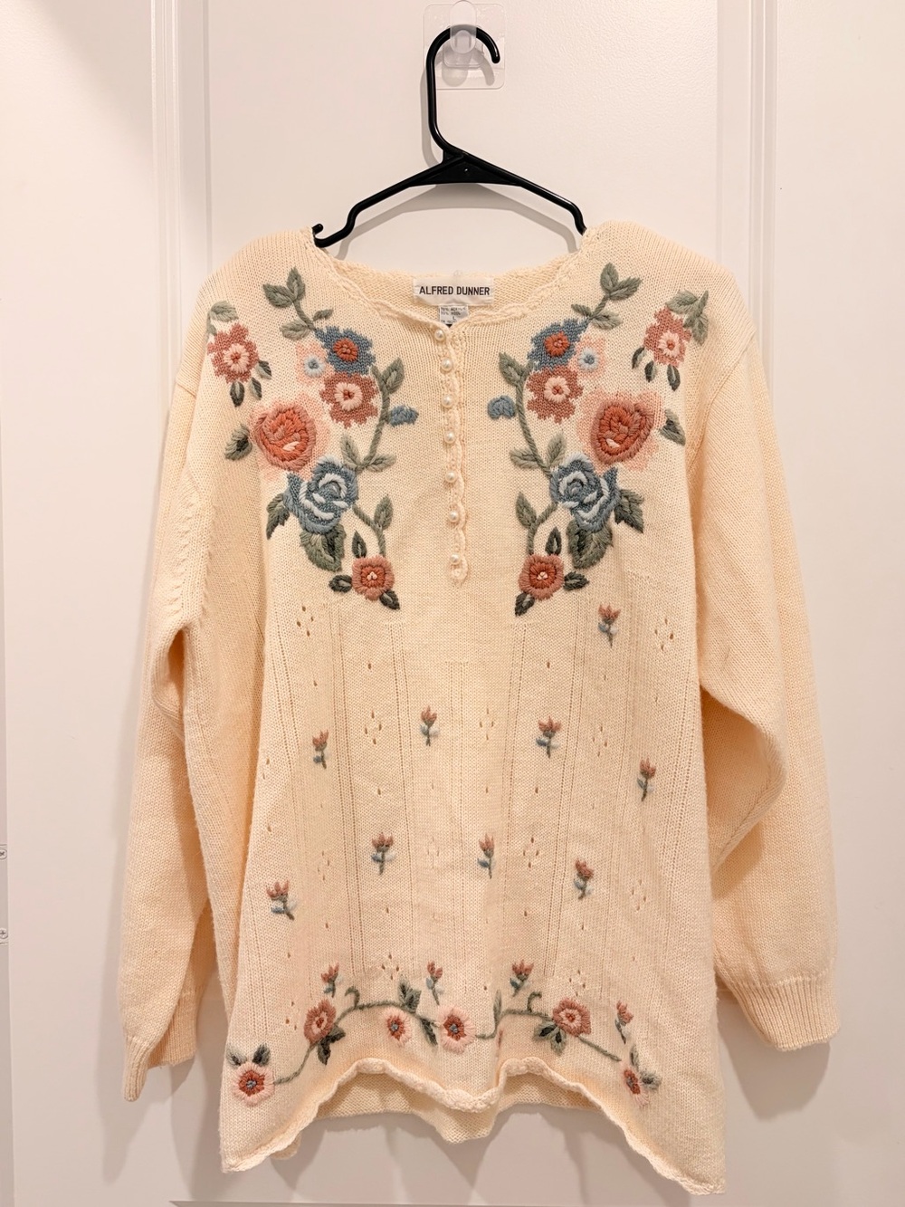 Alfred Dunner Cream Sweater with Blue and Rose Floral Embroidery